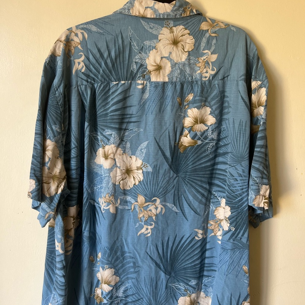 Jamaica Jaxx Blue Floral Print 100% Silk Wood Button Hawaiian Shirt Mens Sz XXL - Picture 2 of 6